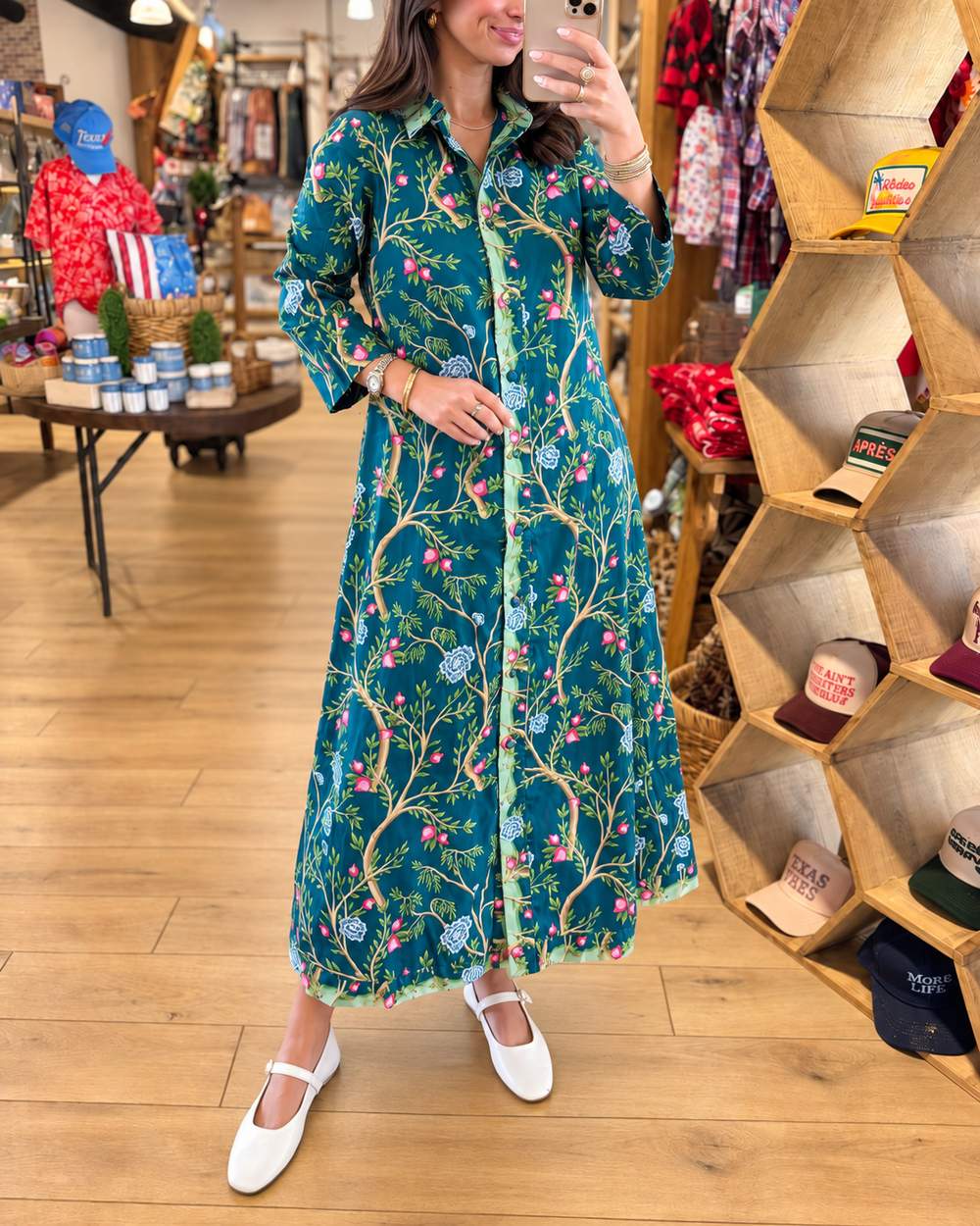 Teal floral shirt maxi dress styled front view