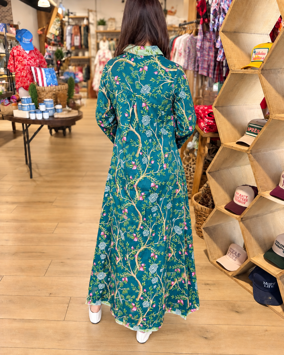 Teal floral shirt maxi dress back view