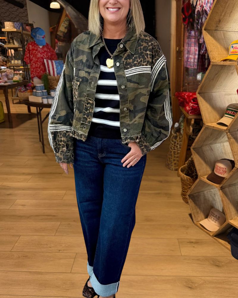 Trendy Camo Leopard Patchwork Frayed Denim Jacket - Olive Green