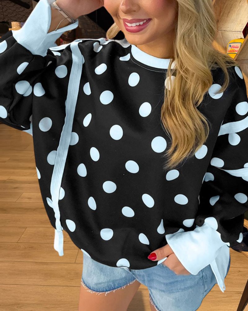 Trendy Polka Dot Contrast Trim Sweatshirt - Black front