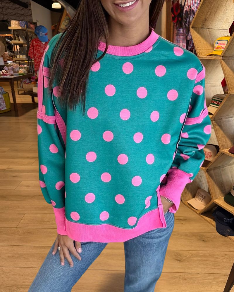 Trendy Polka Dot Contrast Trim Sweatshirt - Blue front