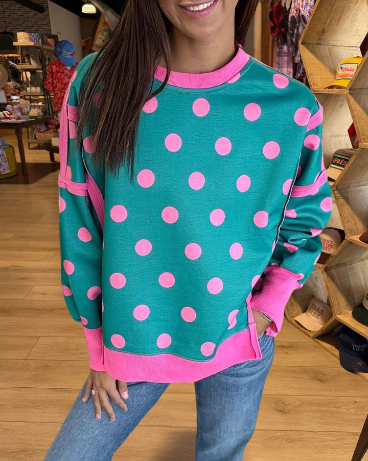 Trendy Polka Dot Contrast Trim Sweatshirt - Blue front