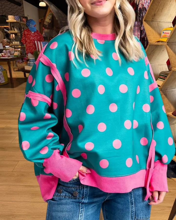 Trendy Polka Dot Contrast Trim Sweatshirt - Blue detail