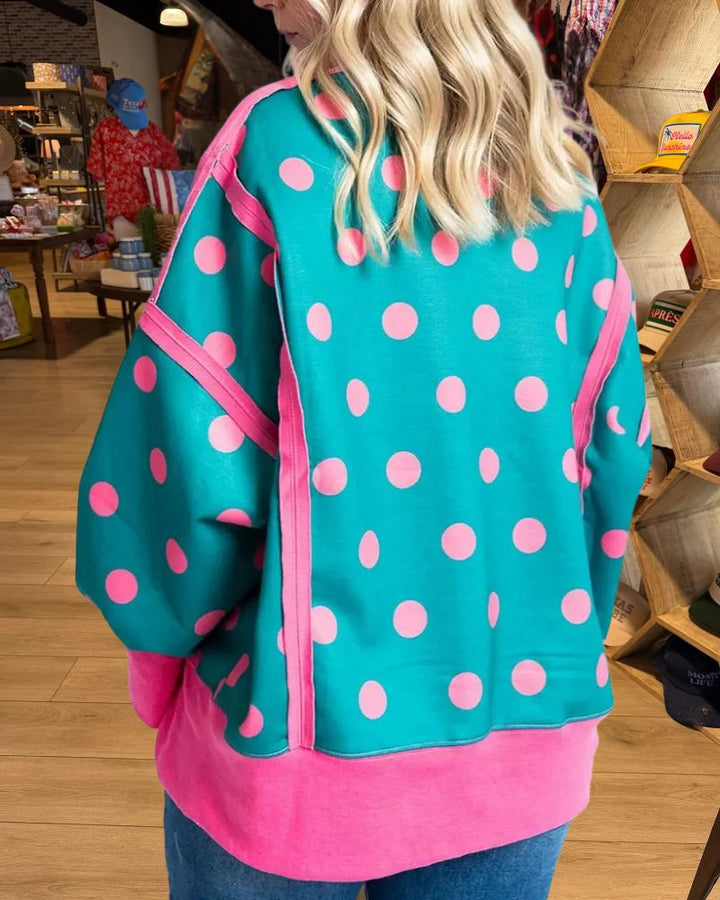 Trendy Polka Dot Contrast Trim Sweatshirt - Blue back