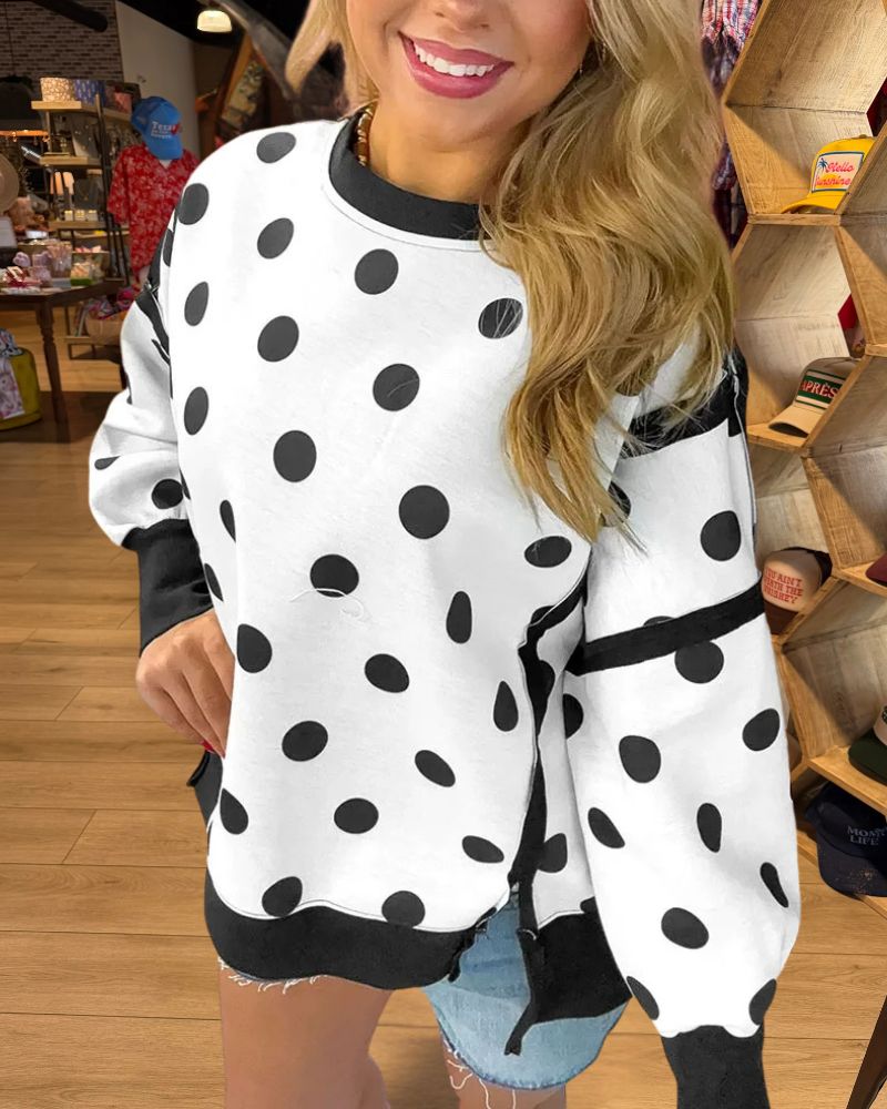 Trendy Polka Dot Contrast Trim Sweatshirt - White front