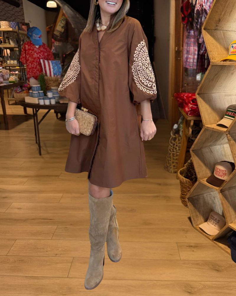 Vintage Brown Embroidered Balloon Sleeve Mini Dress