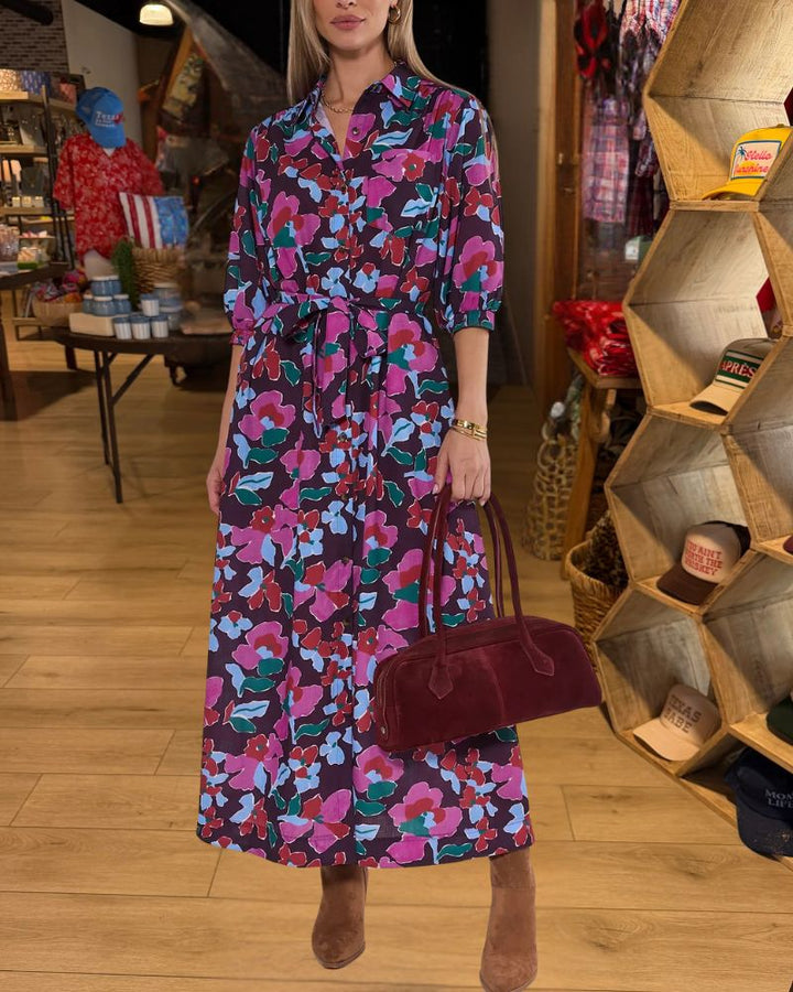 Chic Vacation Multicolor Floral Tie-Waist Shirt Maxi Dress