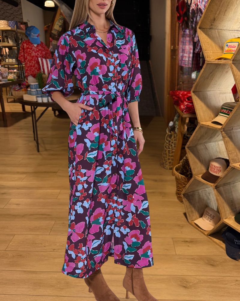 Chic Vacation Multicolor Floral Tie-Waist Shirt Maxi Dress