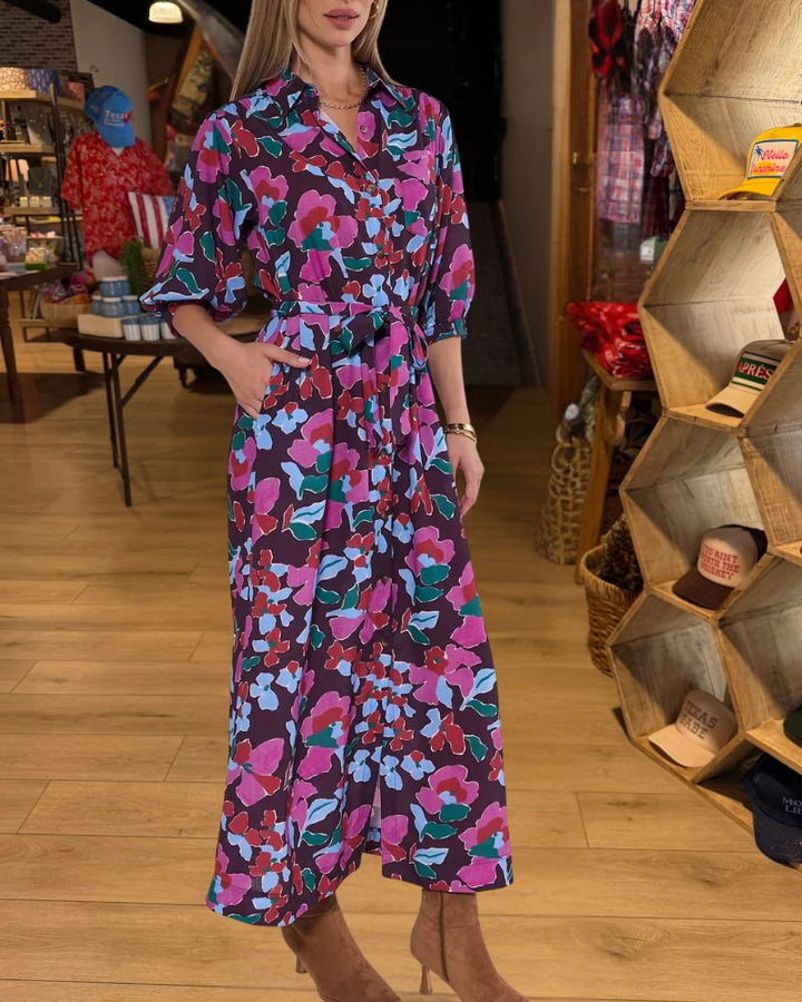 Chic Vacation Multicolor Floral Tie-Waist Shirt Maxi Dress