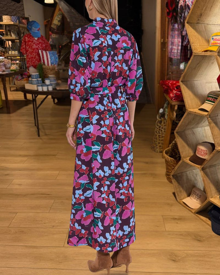 Chic Vacation Multicolor Floral Tie-Waist Shirt Maxi Dress